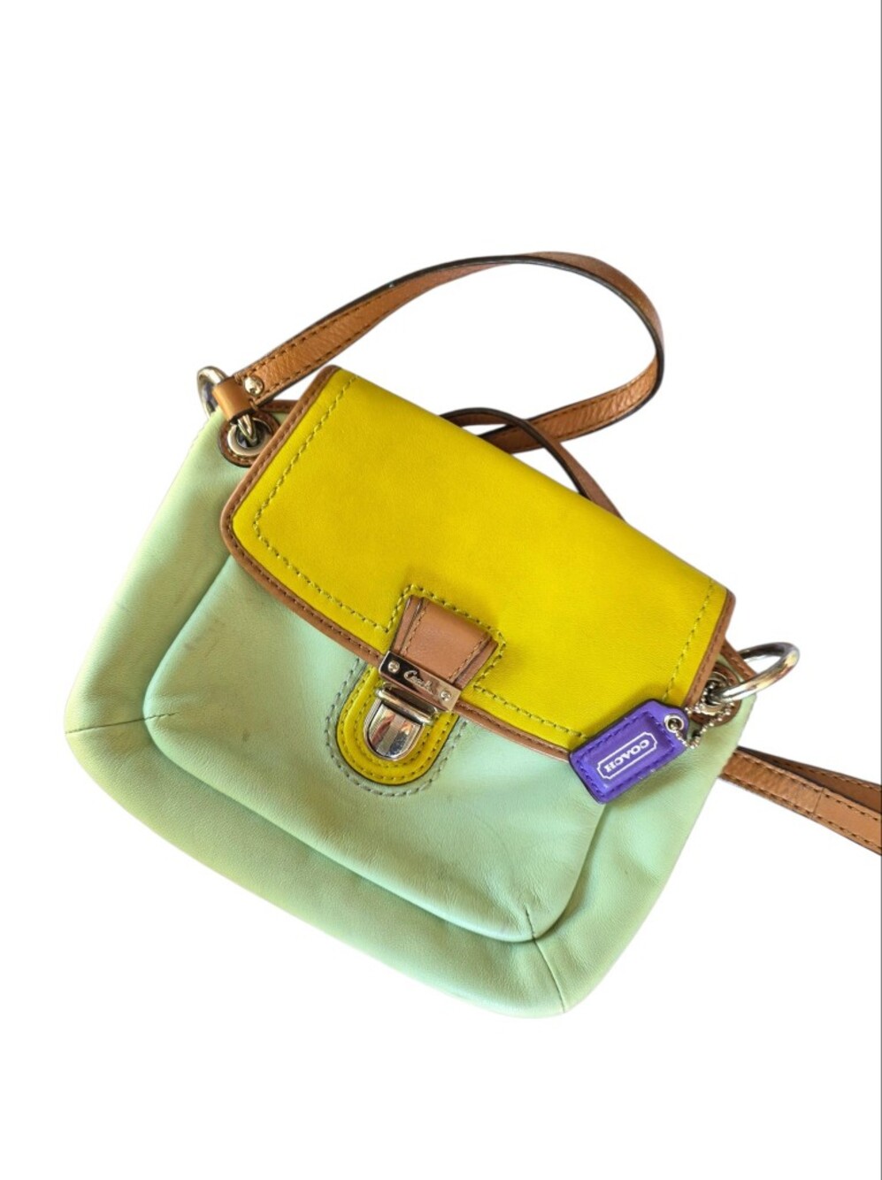 Coach Colorblock Leather Crossbody Bag Mint Green Yellow Adjustable Strap